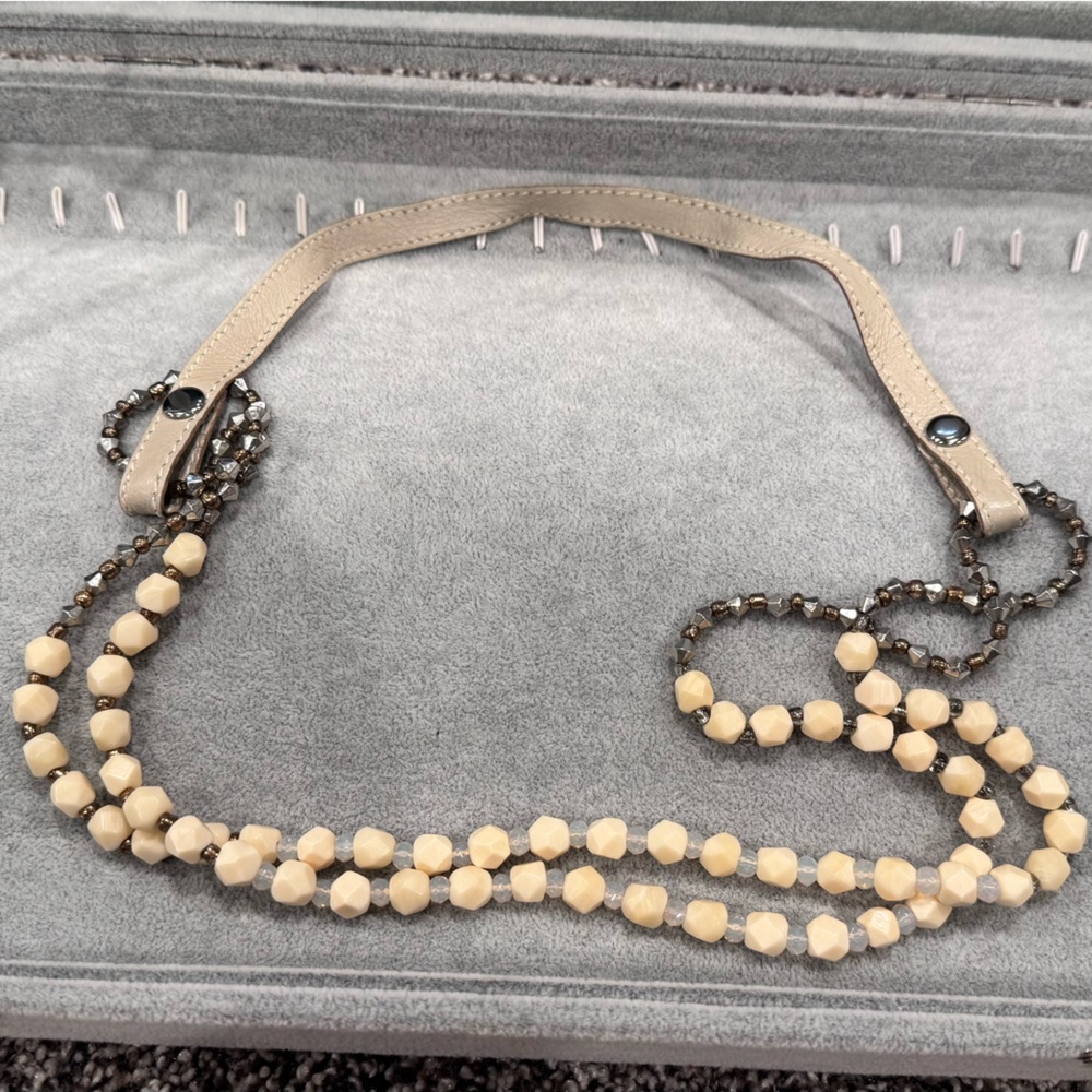 Noonday Collection Cream and Silver Beaded Necklace w/ Leather Extender